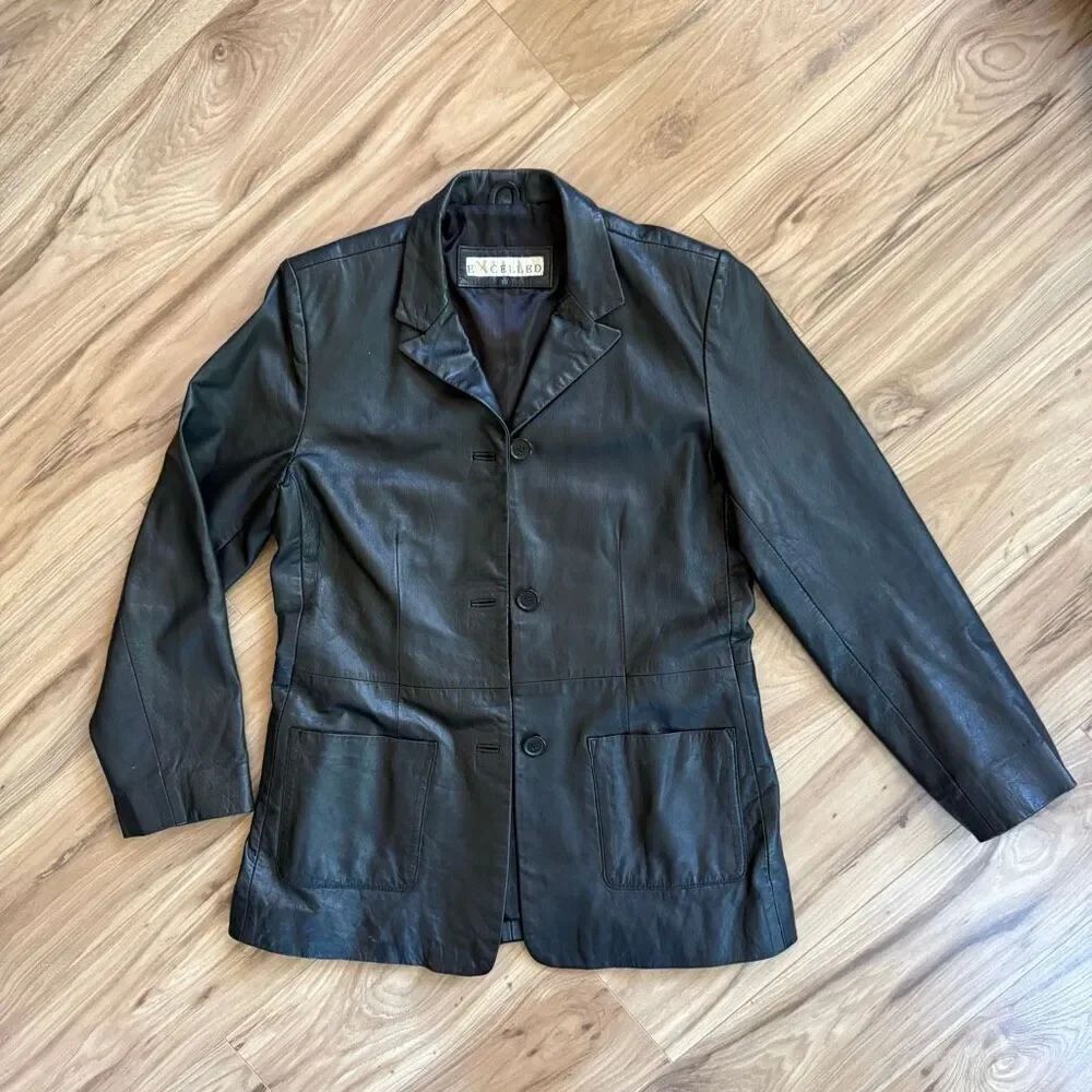 Vintage Excelled Womens Black Leather Three-Button Single Breasted Blazer Size 1